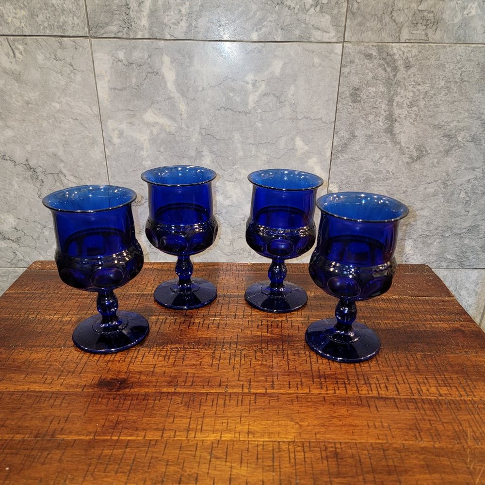 Vintage Cobalt Blue Glass Cut Goblets, Set of 4